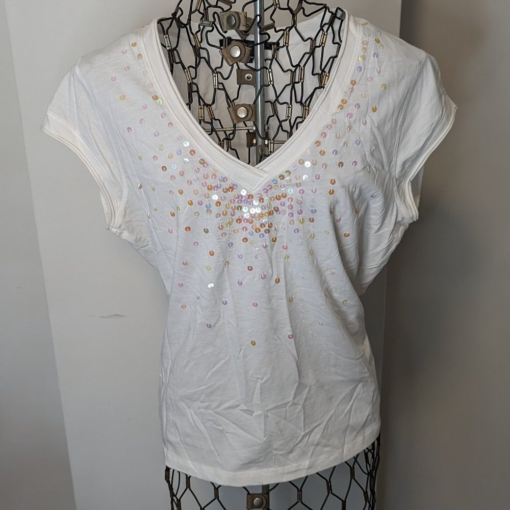 Sequin Embroidered Top - Indigo Palms XL